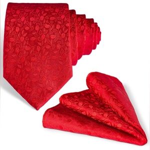 CORRURE Red Tie for Men + Handkerchief - Classic Necktie and Pocket Square Set